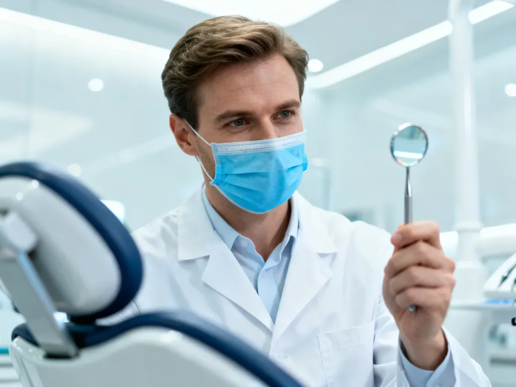Dentysta w białym fartuchu i maseczce trzymający lusterko stomatologiczne w nowoczesnym, profesjonalnym gabinecie.
