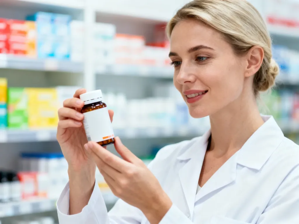 Farmaceutka w białym fartuchu trzyma opakowanie leku w nowoczesnej aptece, prezentując profesjonalne środowisko pracy.