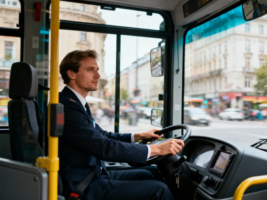 Skupiony kierowca autobusu miejskiego siedzący za kierownicą nowoczesnego pojazdu na tle miejskiego krajobrazu.