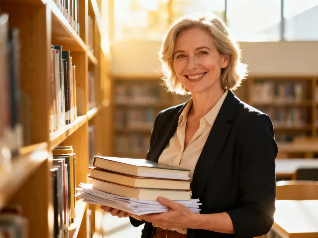 Uśmiechnięta nauczycielka z książkami w nowoczesnej bibliotece szkolnej, symbolizująca profesjonalizm w edukacji.