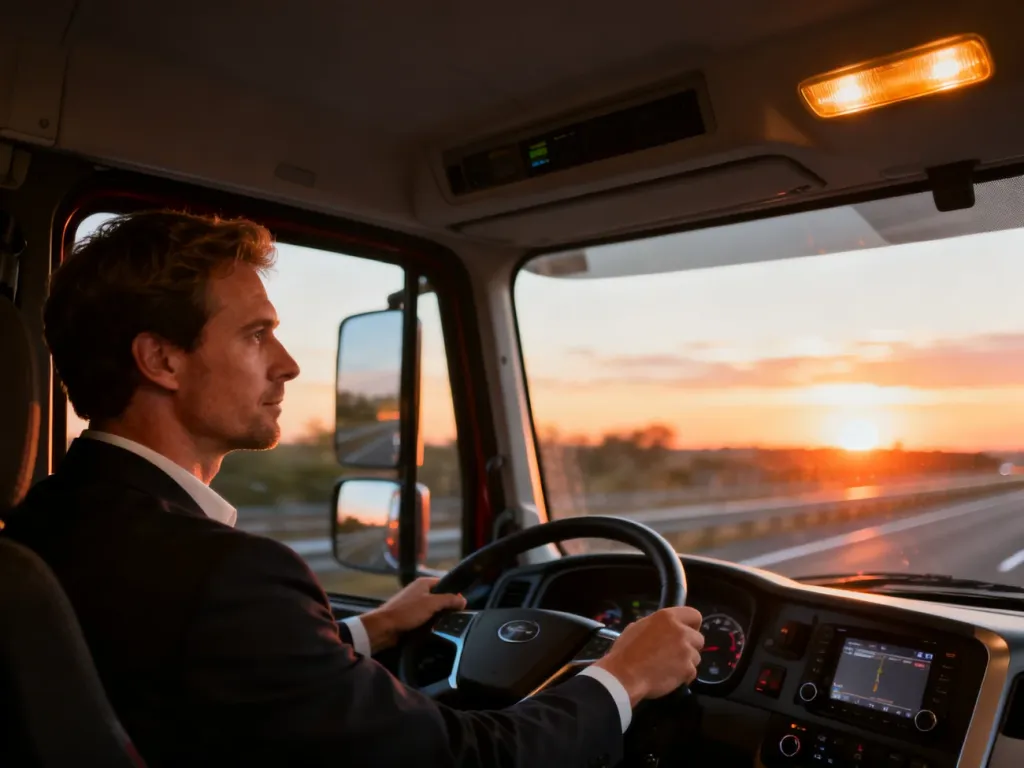Kierowca ciężarówki skupiony na prowadzeniu pojazdu podczas zachodu słońca na autostradzie.