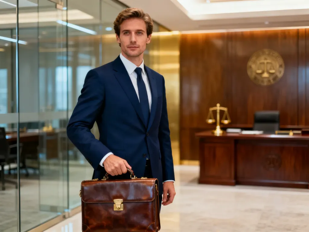 Elegancki prawnik w profesjonalnym biurze, symbolizujący sukces i wysoką pozycję w branży prawniczej.